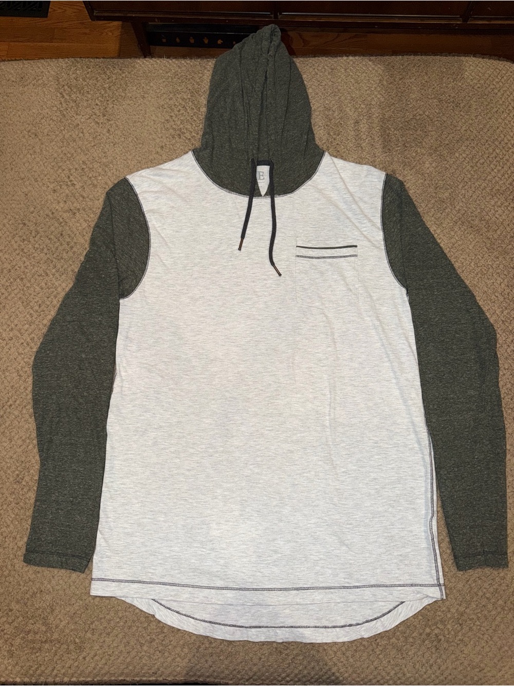 BKE Men's Light Gray & Olive Lightweight Long Sleeve Hooded Top - L